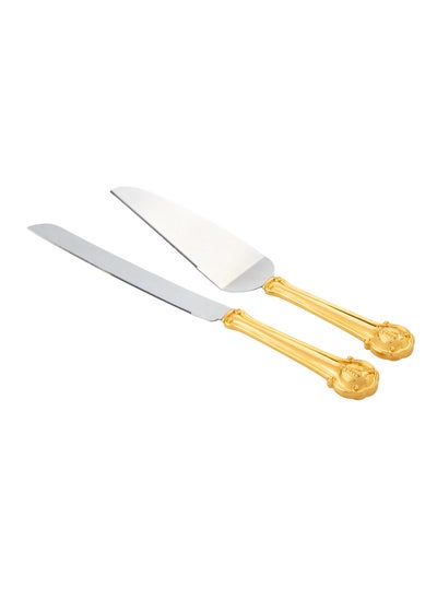 Buy A set for cutting cakes and sweets consisting of a shovel and a silver knife with a gold handle in Saudi Arabia