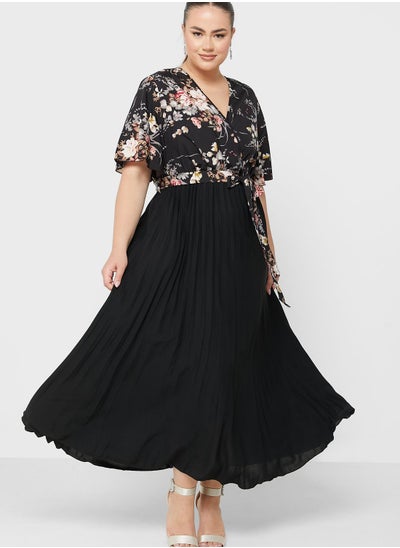 Buy Semi Printed Tie Waist Pleat Detail Dress in UAE