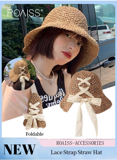 Buy Women's Lace Strap Straw Hat, Foldable Breathable Wide Brim Sun Hat with Bow Decoration for Summer Beach Seaside Vacation Fashion Accessories in UAE