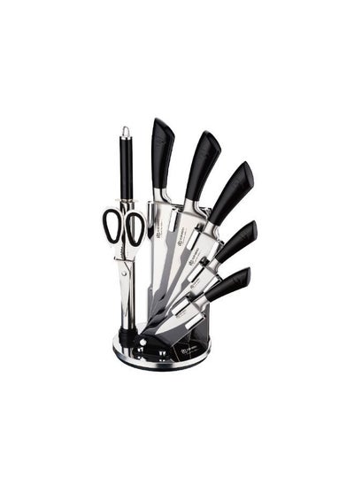 اشتري EDENBERG Kitchen Knife Set | Premium Carbon Stainless Steel Kitchen Knife Set with Kitchen Shears & Revolving Magnetic Stand- 8 Pcs (Silver-Black) في الامارات