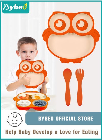 Buy 3 PCS Baby Silicone Suction Plate with Spoon and Fork, Adorable Owl Shape Infant Divided Plates, Babies Feeding Set, First Stage Toddler Utensils - Babies Led Weaning Supplies in UAE