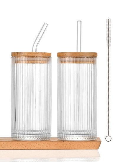 Buy Drinking Glass Cups with Straws 13oz Ribbed Glassware Iced Coffee Cup Coffee Bar Accessories Essentials Set of 2 in UAE