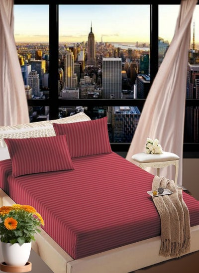 Buy Maroon Striped Design Bed Sheet Set Deep Pocket Machine Washable 150x200+25cm in UAE