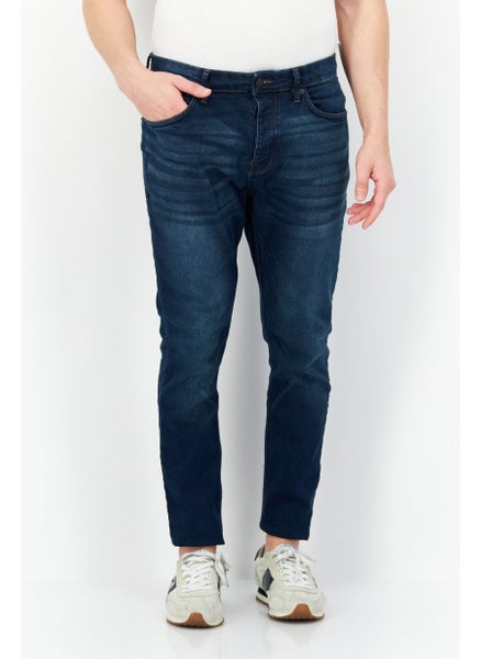 Buy Men Skinny Fit Washed Button Fly Stretchable Jeans, Med Dark Blue in UAE