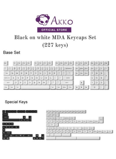 Buy Akko Keycaps Set with MDA Profile Double-Shot Black on White Theme Keycap, Comes with 227 Keys with Standard MX Structure, Compatible with Major-Sizes Mechanical Keyboards in UAE