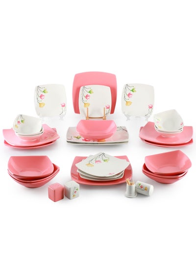 Buy 30-Piece Kitchen Dinnerware Set, Plates, Dishes, Bowls and Condiments Service for 6, While and Pink Floral in UAE