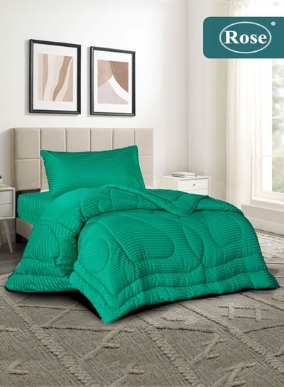 Buy ROSE Classic tripped luxury hotel comforter, Made of premium Microfiber, Set of 3 pieces, Soft lightweight, Extra Twin size , Teal in Saudi Arabia