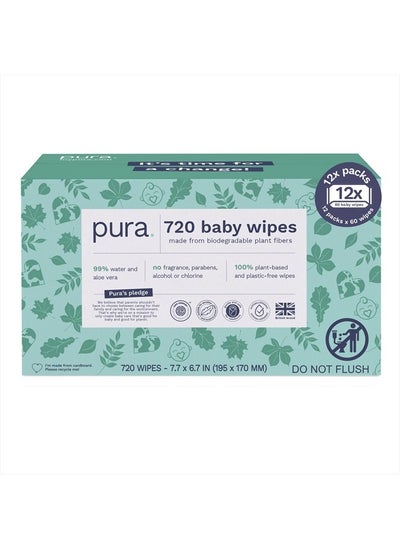 اشتري Baby Wipes 12 x 60 Wipes (720 Wipes), 100% Plastic-Free & Plant Based Wipes, 99% Water, Suitable for Sensitive & Eczema-prone Skin, Fragrance Free & Hypoallergenic, EWG, Cruelty Free في الامارات