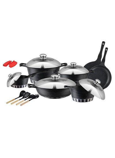 Buy ROYAL KITCHEN Stella Gift Pack 18 Pcs – Non Stick Diecast Marble Coated Black Cookware Set, Includes Casseroles, Sauce Pan, Wok, Frying Pan, Tawa, and Spoons, Durable, Elegant Design, Perfect for Gifting and Everyday Use in UAE