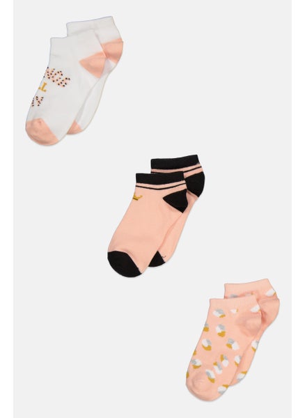 Buy Kids Girl 3 Pair Printed Ankle Socks, Peach/Black Combo in UAE