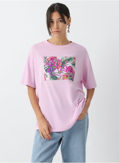 Buy Women's Cotton Floral print loose-fit t-shirt Pink in UAE