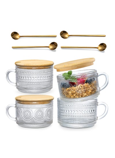 Buy 4-Piece Vintage Coffee Mug Set, Overnight Oat Container with Bamboo Lid and Spoon, 14 oz Clear Embossed Glass in UAE