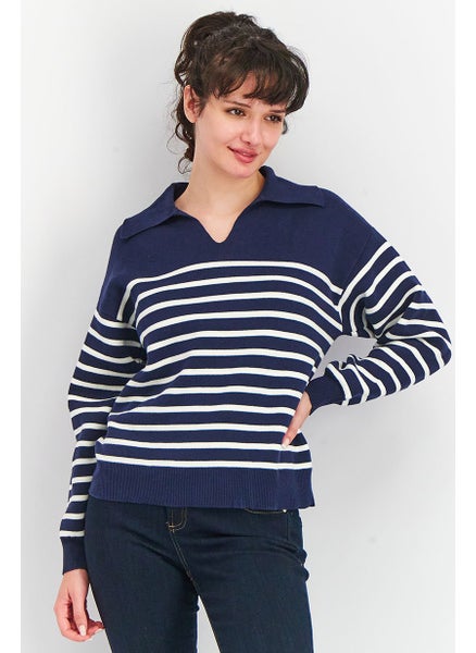 Buy Women Knitted Long Sleeve Sweatshirt, Navy/White in UAE