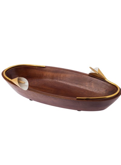Buy Serving dish in the shape of a boat made of beech wood with a metal lily decoration in golden color and multi use in Saudi Arabia