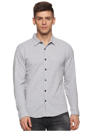 Buy Men's Cotton Solid Knitted Full Sleeves Shirt (Grey) in UAE