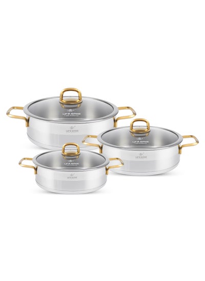 اشتري 6-Piece President Series Premium 18/10 Stainless Steel Shallow Cooking Pot Set - Induction 3-Ply Thick Base Casserroles 24/28/32cm with Glass Lid for Even Heating Oven Safe Silver في الامارات