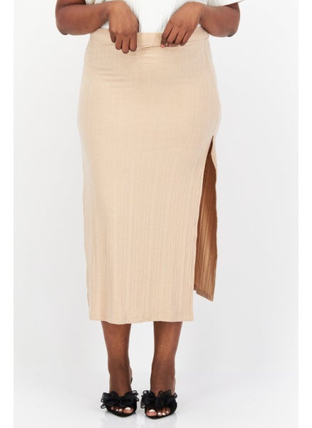 اشتري Women Slit Ribbed Midi Skirt, Beige في الامارات