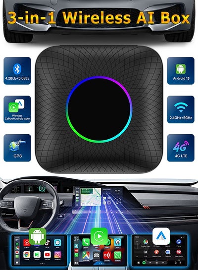 Buy Wireless CarPlay Box - Wireless Android Auto - Car Adapter - 3-in-1 Car AI Box - Built-in GPS, Android 13, Dual-band Wifi, Bluetooth in UAE