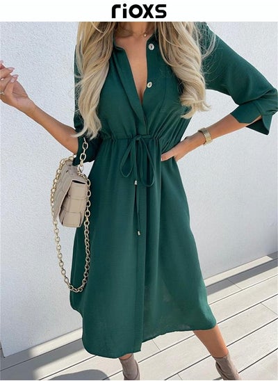 Buy Women's Button Down Casual Dress 3/4 Sleeves Long Dress in Saudi Arabia