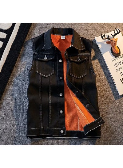 Buy Autumn New Mens Denim Vest Youth Trendy Solid Casual Sleeveless Jacket Black fleece-lined in UAE