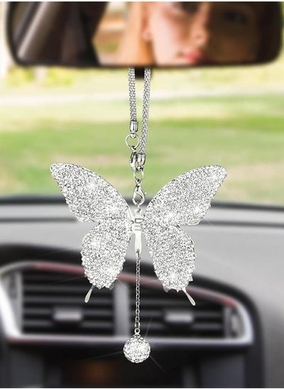 Buy Butterfly Shape Car Ornaments, Car Interior Mirror Ornaments, Car Diamond Rearview Mirror Accessories, Car Hanging Ornament, White in UAE