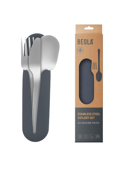 اشتري BEOLA Stainless Steel Cutlery Set, Travel Utensils Set with Silicone Case Pouch, Fork Spoon Knife Camping Set, Cutlery Set for Kids School, Set of 4 (Lava Gray) في الامارات