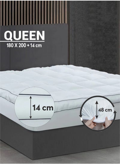 Buy Hotel Mattress Topper Queen Size 180X200+14 CM And 1500 GSM With Supersoft Brushed Micrfiber Fabric (Fitted Style),White in Saudi Arabia