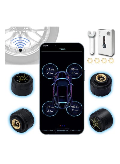 اشتري Bluetooth 5.0 Wireless Tire Pressure Monitoring System (TPMS) - Real-time Tire Pressure & Temperature Sensors for Cars, Bicycles, Motorcycles - Compatible with iOS & Android (4 Pack) في الامارات