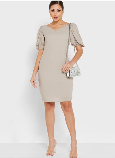 Buy Puff Sleeve V-Neck Dress in UAE