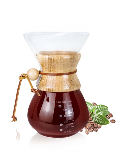 Buy Pour Over Chemex Style Coffee Maker Drip Glass Pot Espresso Coffee Bowl Machine Heat Resistant for Home Travel Classic Series Wooden Neck Wide Mouth hoop 600ML in Saudi Arabia