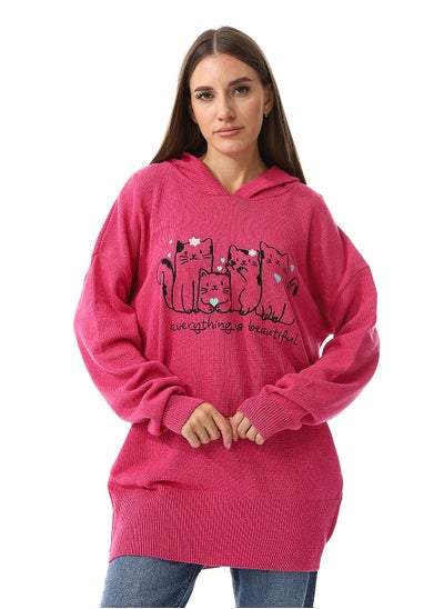 اشتري Hot Pink Cats Embroidered Pattern Hooded Sweater في مصر