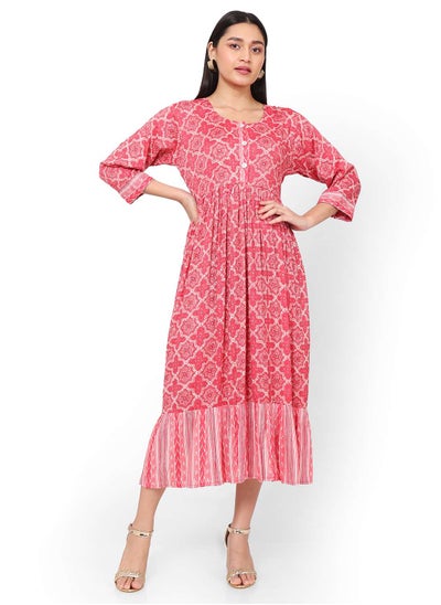 اشتري ELEGANT PRINTED FRONT STYLED BUTTONED SOFT VISCOSE RED COLOUR SHORT ARABIC KAFTAN JALABIYA DRESS في السعودية