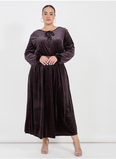 Buy Plus Size Embroidered Waistband Velvet Look Maxi Dress in Saudi Arabia