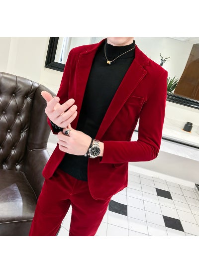 اشتري 2022 Autumn Trendy Mens Slim Velvet Suit Set Red في الامارات