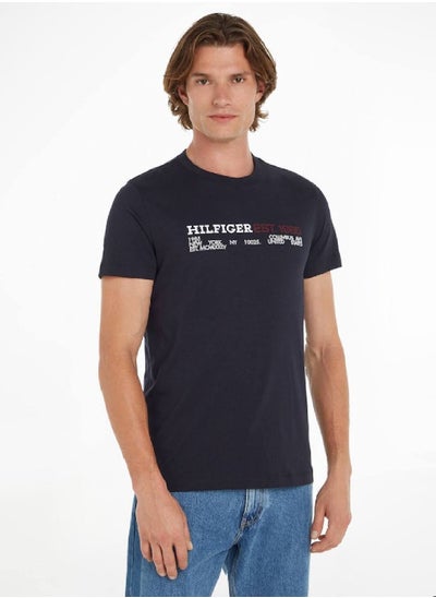 Buy Men's Hilfiger Printed Chest Logo Featuring a Crew Neck T-Shirt - Cotton, Blue in Saudi Arabia