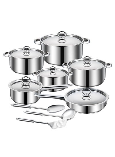 Buy 15-Piece Stainless Steel Cookware Sets with Spoon X1, Large Spoon X1, Frying Spatula X1, Suitable for Various Stoves in Saudi Arabia