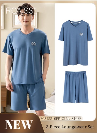 Buy Men 2 Piece Loungewear Set Short Sleeves & Shorts Modal Pajamas Loose & Comfortable Skin Friendly Fabric Soft & Versatile Design in Saudi Arabia