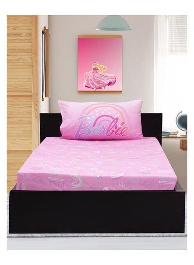 Buy 2-Piece 144TC Poly Cotton Printed Super Soft Quality Kidz Klub Barbie Doll Shine Fitted Bedsheet Twin Set Includes 1xFitted Bed Sheet 120 x 200cm+25cm, 1xPillowcase 50x75cm in UAE