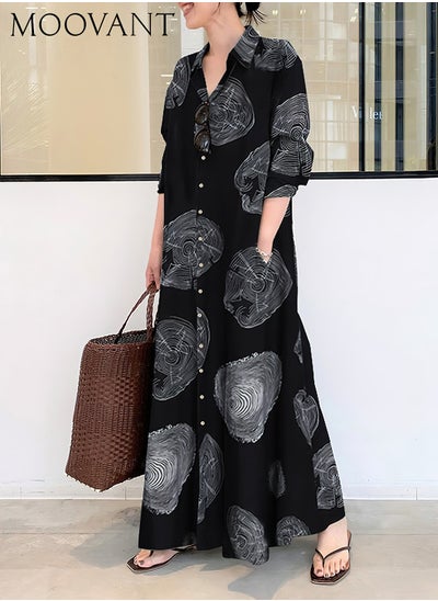 اشتري Women Muslim Maxi Cotton and Linen Printed Long Sleeve Simple Loose Casual Long Shirt Dress with Lapel Polo Collar Design Simple Design Elegant and Professional Loose Look في السعودية