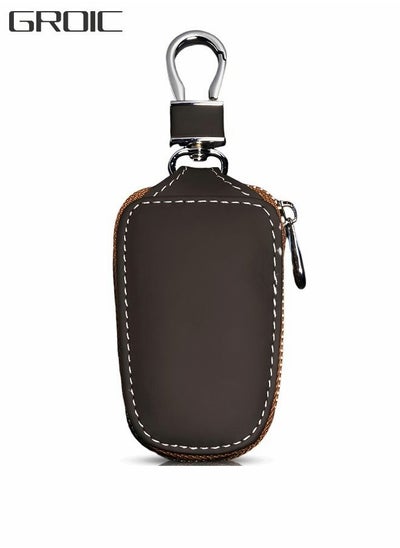 Buy Genuine Leather Car Key Holder Bag Key Case Wallet Zipper Closure Holder Metal Hook Auto Key Fob Holder Smart Protector General Cover(Brown) in Saudi Arabia