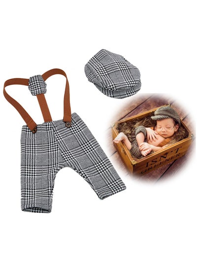 اشتري Newborn Photography Props Stripes Cool Boy Retro Plaid Suspenders Flat Bottom Cab Cap Photography Props Duck Tongue Hat Suit Boys Clothing Dark Gray في الامارات