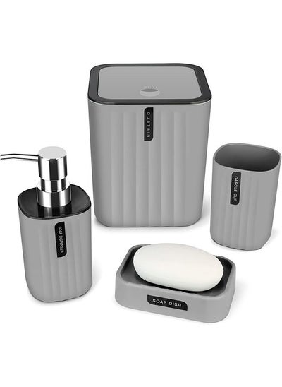 Buy Bathroom Accessory Set - 4 Piece Grey Bathroom Accessories Set with Trash Can, Soap Dish, Soap Dispenser, Toothbrush Cup, Bathroom Decor Sets Accessories Complete with Desktop Small Trash Can in Saudi Arabia