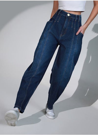 Buy High Rise Balloon Fit Jeans with Pockets in Saudi Arabia