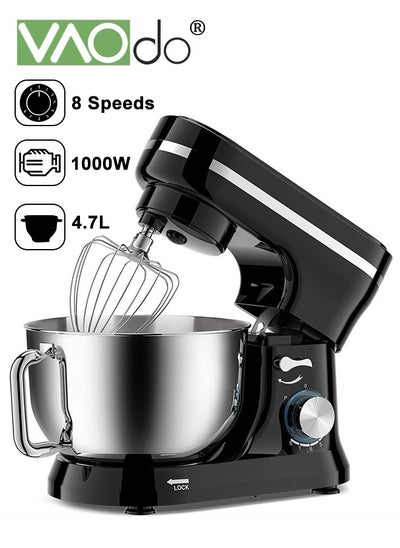 Buy Electric Stand Mixer 1000W 8 Speeds 4.7L Stainless Steel Bowl Dough Hook Wire Whip Beater for Most Home Cooks Black in Saudi Arabia