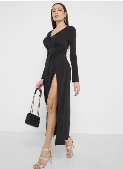 Buy V- Neck Side Slit Tie Detail Dress in UAE