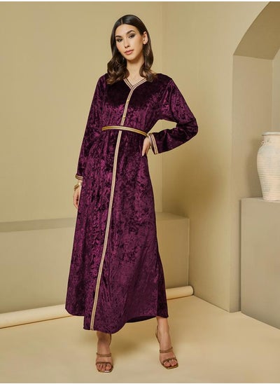 Buy Crushed Velvet Magrabi Lace Kaftan with Tie Belt in Saudi Arabia