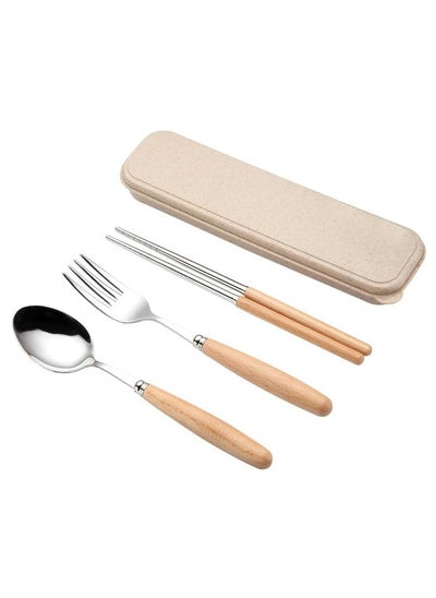 Buy Wooden-Handled Stainless Steel Flatware Set with Case, Including Dinner Spoon, Fork, and Chopsticks in UAE