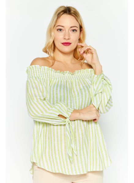 اشتري Women Off Shoulder Long Sleeves Stripe Blouse, Green/White في الامارات