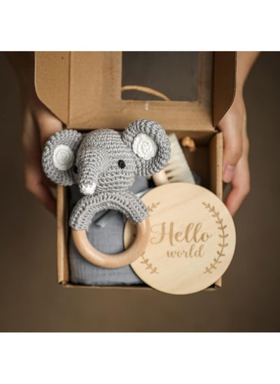 Buy WOODEN TEETHER Baby Gift Set for Newborn, for Boys & Girls - 6 PCS Newborn Baby Essentials Baby Bath Set with Baby Blanket Baby Rattle - New Born Baby Girls Gift & Baby Boy Gifts (Elephant-1) in Saudi Arabia