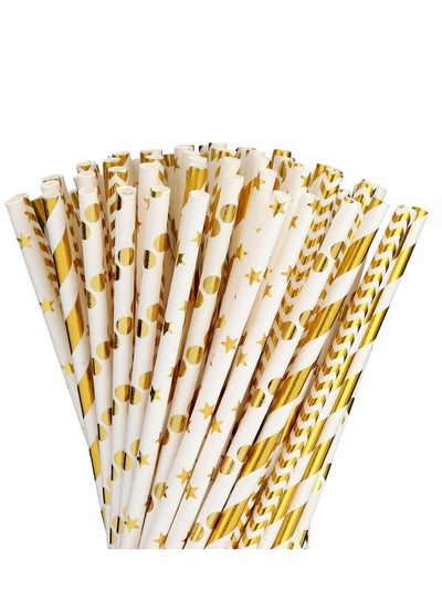 Buy Paper Straws for Drinking, Biodegradable Gold Paper Bulk, Pack of 100 Metallic Foil Striped/Wave/Heart/Star Straws for Birthday, Wedding, Bridal/Baby Shower, Celebrations and Party Supplies in Saudi Arabia